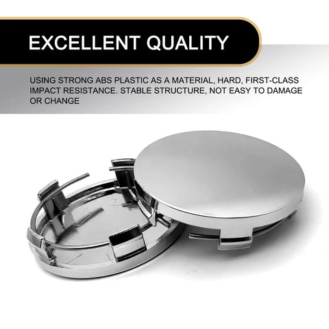 Close-up of 4 Pack Silver Car Wheel Center Hub Covers, 60 mm Outer Diameter And 50 mm Inner Diameter, Snap-In Rim Caps.