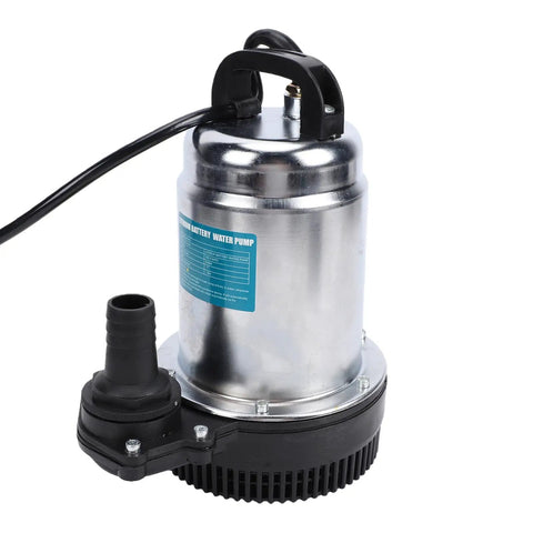 Badass Cordless Submersible Sump Pump With Supercharger 24000mAh Battery, silver metallic body, portable design, suitable for flooding.