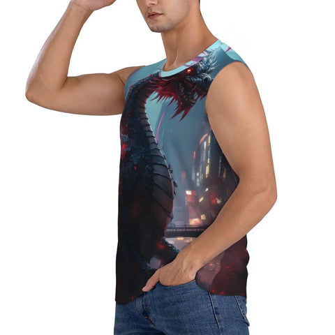 Mens Quick Dry Athletic Tank Top Featuring Breathable Mesh For Cool Airflow During Tough Gym Grinds And Outdoor Runs Bold Mechanical Dragon Graphic Adds Serious Fire To Your Workout Fit Sleek Black Muscle Tee For Guys Chasing Next Level Comfort