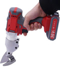 CUBELLIN 36V Cordless Electric Metal Shears Two-Speed Cutter held in hand, showcasing sharp chrome vanadium steel alloy blade.