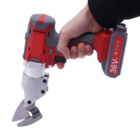 CUBELLIN 36V Cordless Electric Metal Shears Two-Speed Cutter held in hand, showcasing sharp chrome vanadium steel alloy blade.