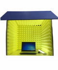 Solid Portable Desktop Soundproof Booth Cube Packed With Dense Acoustic Foam Panels For Dead Silent Mic Takes Home Studio Vocal Tracking And Room Noise Culling with laptop inside.