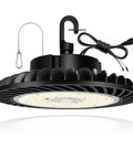 Beefy 300W UFO LED High Bay Light For Warehouses, 39,000 Lumens, side view showing cable and hooks for easy installation.