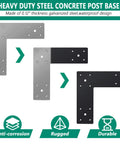 Heavy duty steel concrete post base with 0.12 inch thick galvanized steel and waterproof design, shown in three views.