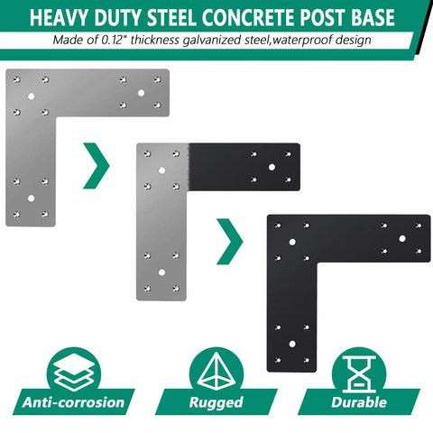 Heavy duty steel concrete post base with 0.12 inch thick galvanized steel and waterproof design, shown in three views.