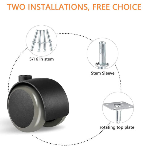 2-inch caster wheels set of 4 with 5/16 in stem and rotating top plate, grey heavy-duty furniture casters.