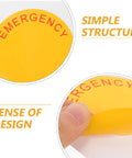 Close-up of yellow Emergency Stop Sign Stickers showing self-adhesive backing, part of an 8-pack for industrial machinery.