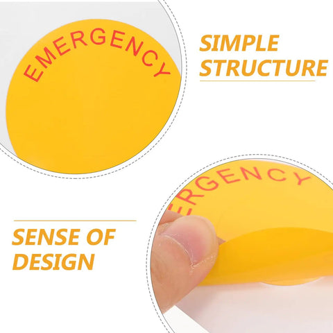 Close-up of yellow Emergency Stop Sign Stickers showing self-adhesive backing, part of an 8-pack for industrial machinery.