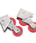 Rock Solid Stainless Steel Sliding Door Track Pulley With Heavy Duty Double Roller Wheels, close-up view of pulleys with red wheels.