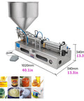 Slick Horizontal Pneumatic Bottle Filler And Liquid Paste Filling Machine With Straight Up Reliable Operation, 40L Hopper Size, Stainless Steel Frame, and Hella Accurate Dosing for Lotions Shampoos Honey And Massage Oils, shown from the side with measurements.