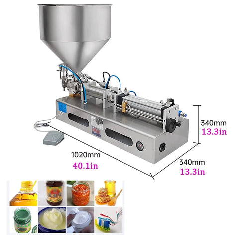 Slick Horizontal Pneumatic Bottle Filler And Liquid Paste Filling Machine With Straight Up Reliable Operation, 40L Hopper Size, Stainless Steel Frame, and Hella Accurate Dosing for Lotions Shampoos Honey And Massage Oils, shown from the side with measurements.