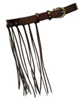 Vintage Industrial Waist Belt Featuring Heavy Copper Hardware And Flowing Tassels With Easy Adjustable Strap In Warm Coffee Brown, side view.