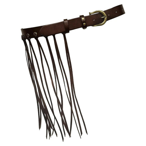 Vintage Industrial Waist Belt Featuring Heavy Copper Hardware And Flowing Tassels With Easy Adjustable Strap In Warm Coffee Brown, side view.