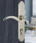 Solid Brass Lever Door Handle Set For Screen And Storm Doors With Mortise Lock Only Left Hinged Outswing Fits 1 In Or 1.38 In Door Thickness Brushed Dark Bronze Finish Durable Replacement Hardware For Easy Retrofits shown in brushed dark bronze finish on door
