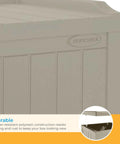 Close-up of light taupe resin weatherproof deck box with Suncast logo, showing polyresin panels for durability and fade resistance.