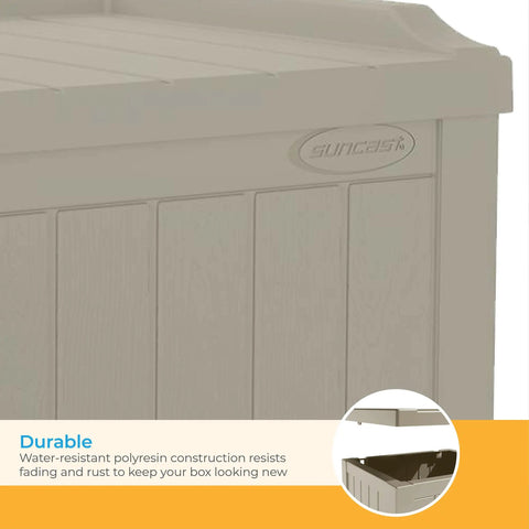 Close-up of light taupe resin weatherproof deck box with Suncast logo, showing polyresin panels for durability and fade resistance.