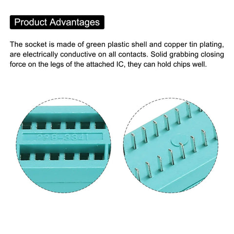 Close-up of green Universal ZIF IC Test Socket 28 Pin 2.54mm Pitch Narrow with copper pins for microcontrollers and breadboards.