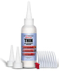 Front view of Starbond 4 oz Super Fast Thin CA glue bottle with extra cap and microtips.