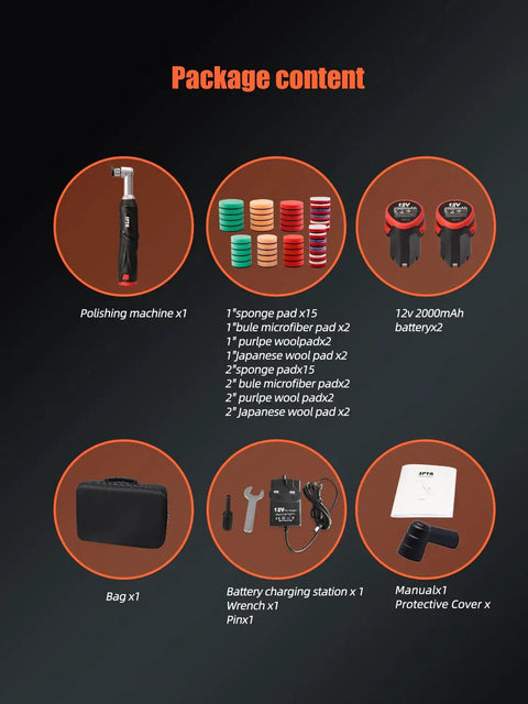Cordless Mini Car Polisher 12V Micro Random Orbital Buffer package contents including polisher, pads, batteries, and bag.