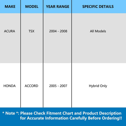 Chart showing fitment details for Acura TSX 2004-2008 all models and Honda Accord 2005-2007 hybrid models.