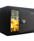 Compact 3 Digit Combination Safe Box With Steel Lock, Portable Hidden Safe For Home Office Cash And Jewelry, black, open view showing contents