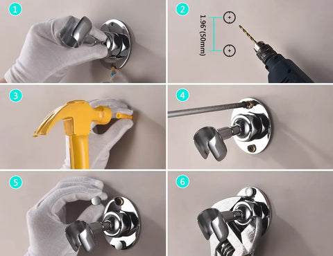 Adjustable Solid Brass Shower Head Holder Wall Mount That Is Built To Last, Rustproof, Heavy Duty Bracket For Any Shower, Dope Bathroom Upgrade, No Plastic, Durable And Corrosion Resistant. Chrome brass wall mount shower head holder being installed
