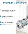 Heavy Duty Zinc Alloy Cam Locks For Cabinet Drawers And Rv Storage, Keyed Alike Two Piece Set With Matching Keys, detailed view of upgraded hex nut and lock plates.