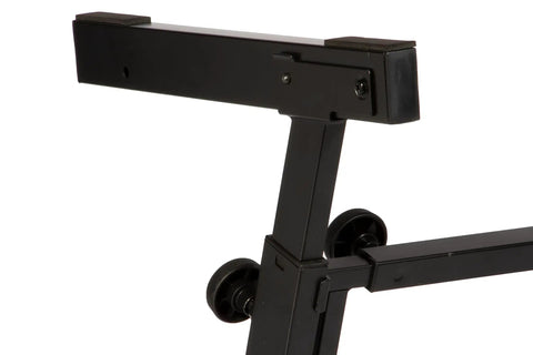 Close-up of black Heavy Duty Folding Z Keyboard Stand With Adjustable Height From 23.5 To 36.5 Inches, showing locking knobs.
