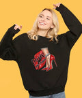 Person wearing black hoodie with 4 Pack High Heels Iron On Transfer Patches Red Lips Colorful Heat Transfer Stickers design.