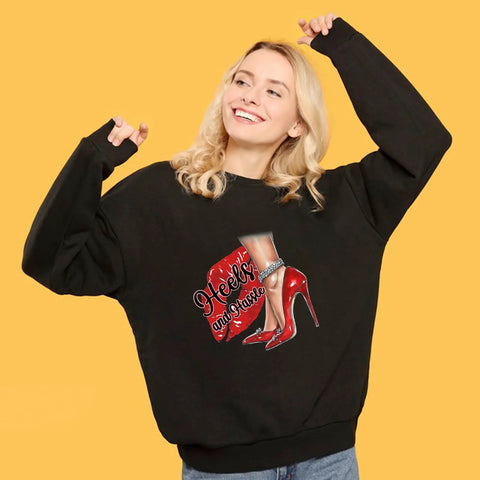 Person wearing black hoodie with 4 Pack High Heels Iron On Transfer Patches Red Lips Colorful Heat Transfer Stickers design.