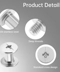 Fifty Pack Chicago Screws And Leather Rivets Featuring Phillips Cross Head Drive Knockout Build Quality Barrel Nut Assembly close-up of stainless steel screws, showing deep threads and standard cross design.