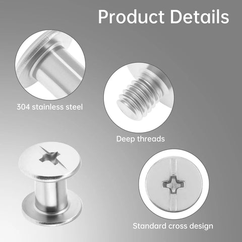 Fifty Pack Chicago Screws And Leather Rivets Featuring Phillips Cross Head Drive Knockout Build Quality Barrel Nut Assembly close-up of stainless steel screws, showing deep threads and standard cross design.