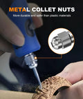 15 Piece Chuck Collet Set For Rotary Tools And Mini Drills in use, showing metal collet nut engraving wood close-up.
