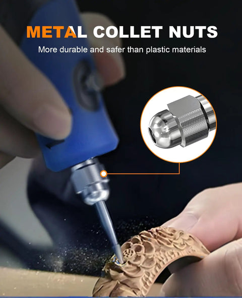 15 Piece Chuck Collet Set For Rotary Tools And Mini Drills in use, showing metal collet nut engraving wood close-up.
