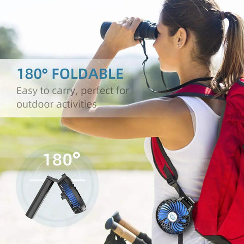 Woman outdoors with 10400mAh Portable Handheld Fan With All Day Battery Life Foldable Mini Personal Fan for Travel Beach Concerts and Cruises