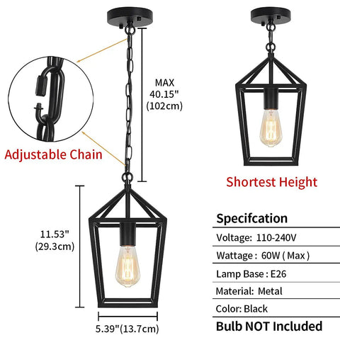Black 1 Light Pendant Light With Adjustable Chain For Kitchen Island And Dining Room Hallway Entryway And Foyer Modern Industrial Wire Frame Lantern Style Lighting specifications and measurements