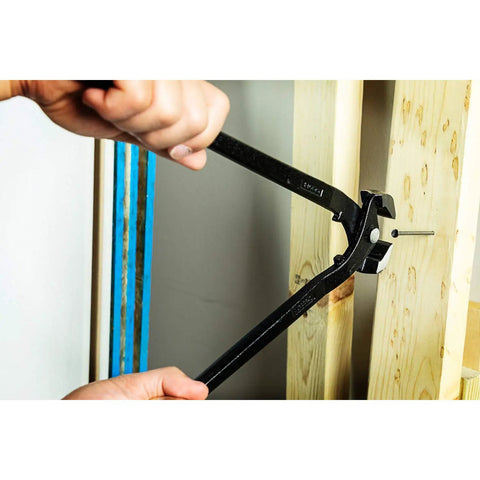 Using Heavy Duty End Cutting Nipper Pliers 14 Inch For Nail And Wire Cutting on wood, featuring high leverage and tempered handles.
