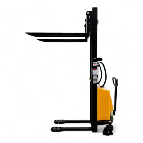 Semi Electric Thin Leg Pallet Stacker Built Like A Tank To Move Up To 3307 Lbs Loads With Quick 78 Inch Lift Height side view