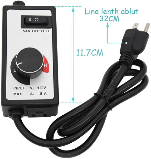Inline Router Fan Speed Controller For AC Brushed Motors, 120V, 500W-1800W, 3-Setting Dial, grounded plug visible