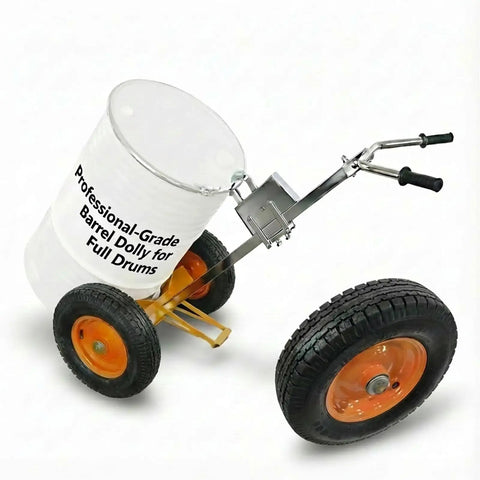 Heavy-Duty 55 Gallon Drum Dolly With Massive 16 Inch Pneumatic Tires For All Terrain Mastery, featuring a barrel and durable wheels.