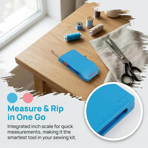 Magnetic Seam Guide for Sewing Machine Handy Hemmer Guide With Scale, blue tool on table with sewing materials.