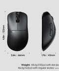 Featherweight Optical Gaming Mouse With Slick Ergonomic Frame Ultra Low Latency Tracking For Crisp Aim Weighs Just Forty Four Grams Side and top view dimensions.