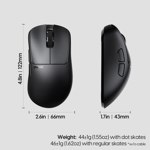 Featherweight Optical Gaming Mouse With Slick Ergonomic Frame Ultra Low Latency Tracking For Crisp Aim Weighs Just Forty Four Grams Side and top view dimensions.