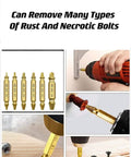 "Six Piece Screw Extractor Kit For Damaged And Stripped Screws Removal, Titanium Coated HSS 4341 High Speed Steel, 63 65 Rc Hardness, Fits Any Drill, Broken Screw Extractor Set To Get Those Stubborn Screws Out Fast And Easy" being used to extract a rusted screw from wood and drill applications.