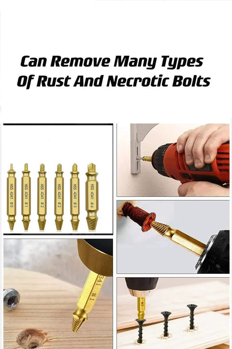 "Six Piece Screw Extractor Kit For Damaged And Stripped Screws Removal, Titanium Coated HSS 4341 High Speed Steel, 63 65 Rc Hardness, Fits Any Drill, Broken Screw Extractor Set To Get Those Stubborn Screws Out Fast And Easy" being used to extract a rusted screw from wood and drill applications.