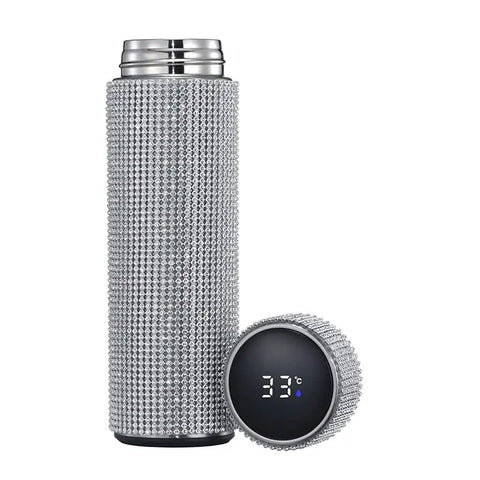 Dope Clean Smart Diamond Touch Temperature Display Vacuum Flask Premium 304 Stainless Steel Insulated Tumbler Cup, sparkly silver design with digital temp display.