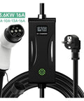 Big Time Portable 3.6 KW EV Charger With 16 Amp Type Two Connector and SAE J1772 Plug, black unit with cable and plug.
