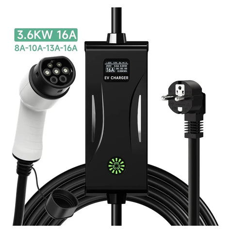 Big Time Portable 3.6 KW EV Charger With 16 Amp Type Two Connector and SAE J1772 Plug, black unit with cable and plug.