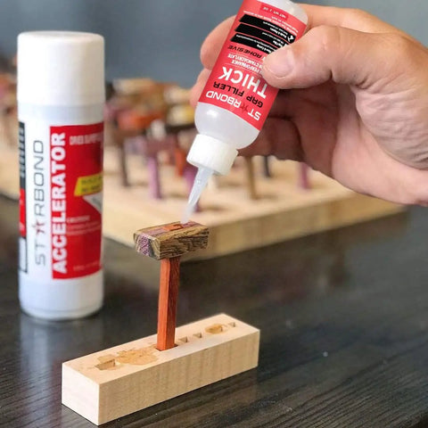Thick CA Glue Refill Kit 16 Oz For Woodworking And DIY Projects On Your Workbench Bulk Refills With Extra Bottles Caps Microtips Yorker Spout Gap Filler Cyanoacrylate For Carpentry Hobby Models And Archery Fletching, hand applying CA glue to a wood joint