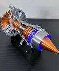 Simulated Turbofan Aircraft Engine Model Kit With LED Light, Brass Color, showcasing internal turbine mechanics, front view